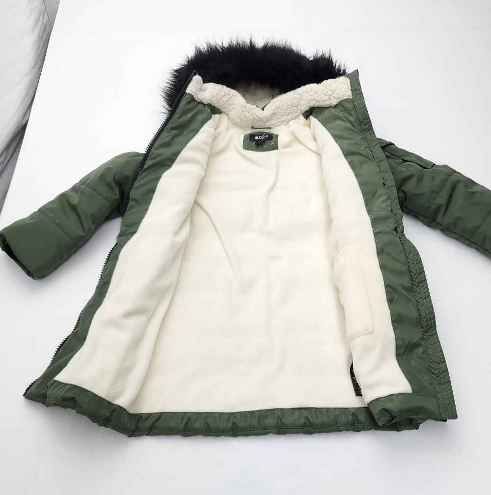 Hudson Girl’s Puffer Insulated Long Winter Green Coat Faux Fur Hoodie Lining S/7 - Picture 3 of 8